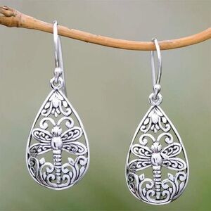 Boho festival vintage style dragonfly silver tone earrings